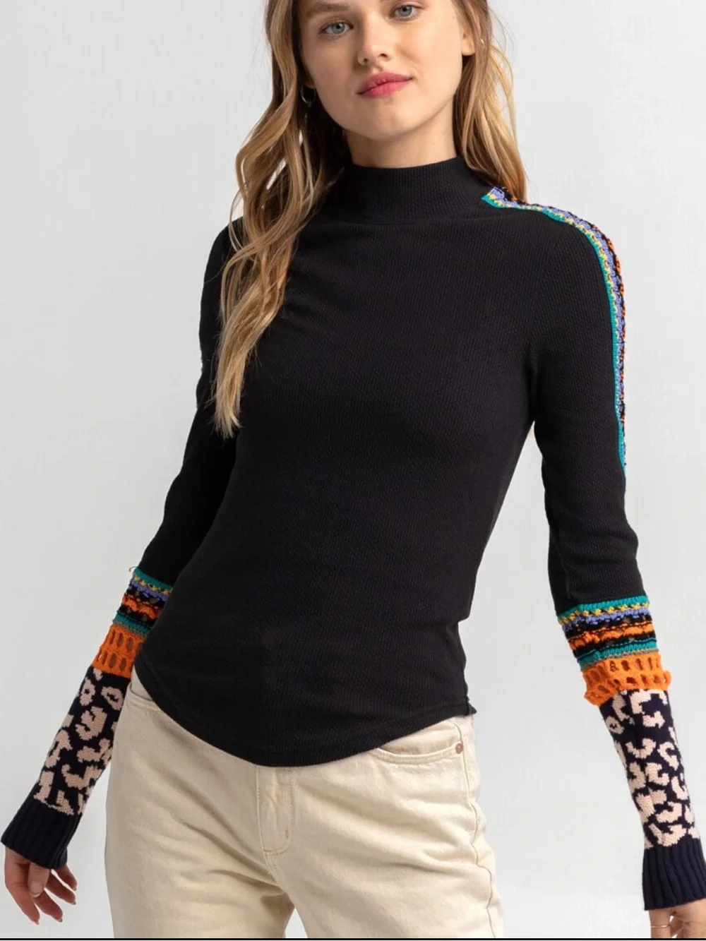 🖤 Free People Switch It Up Thermal Top Black Mixed Print Sleeve Small